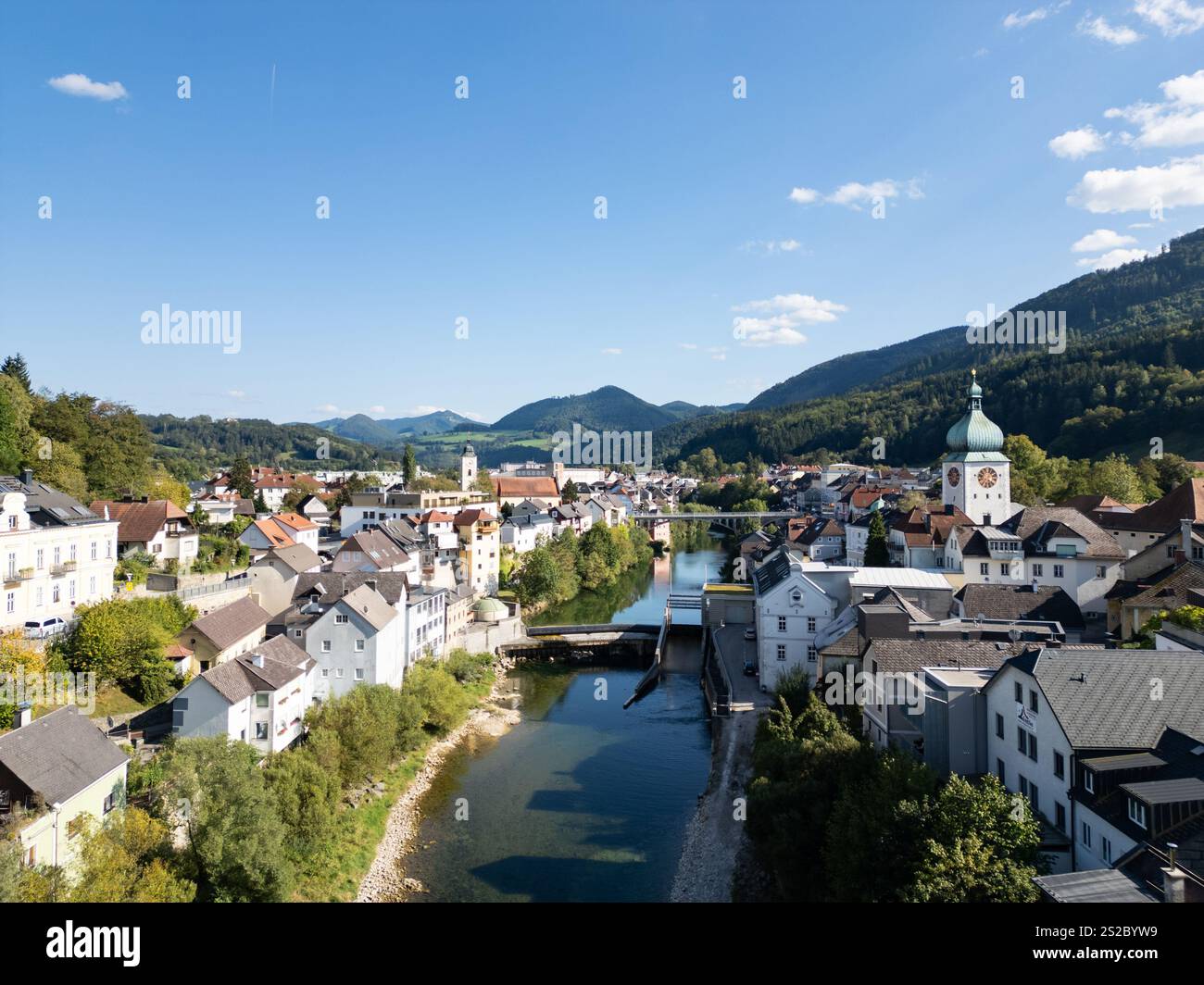 Aerial view to Waidhofen an der Ybbs in Lower Austria during summer. Scenic historic town in a rural country area. Stock Photo