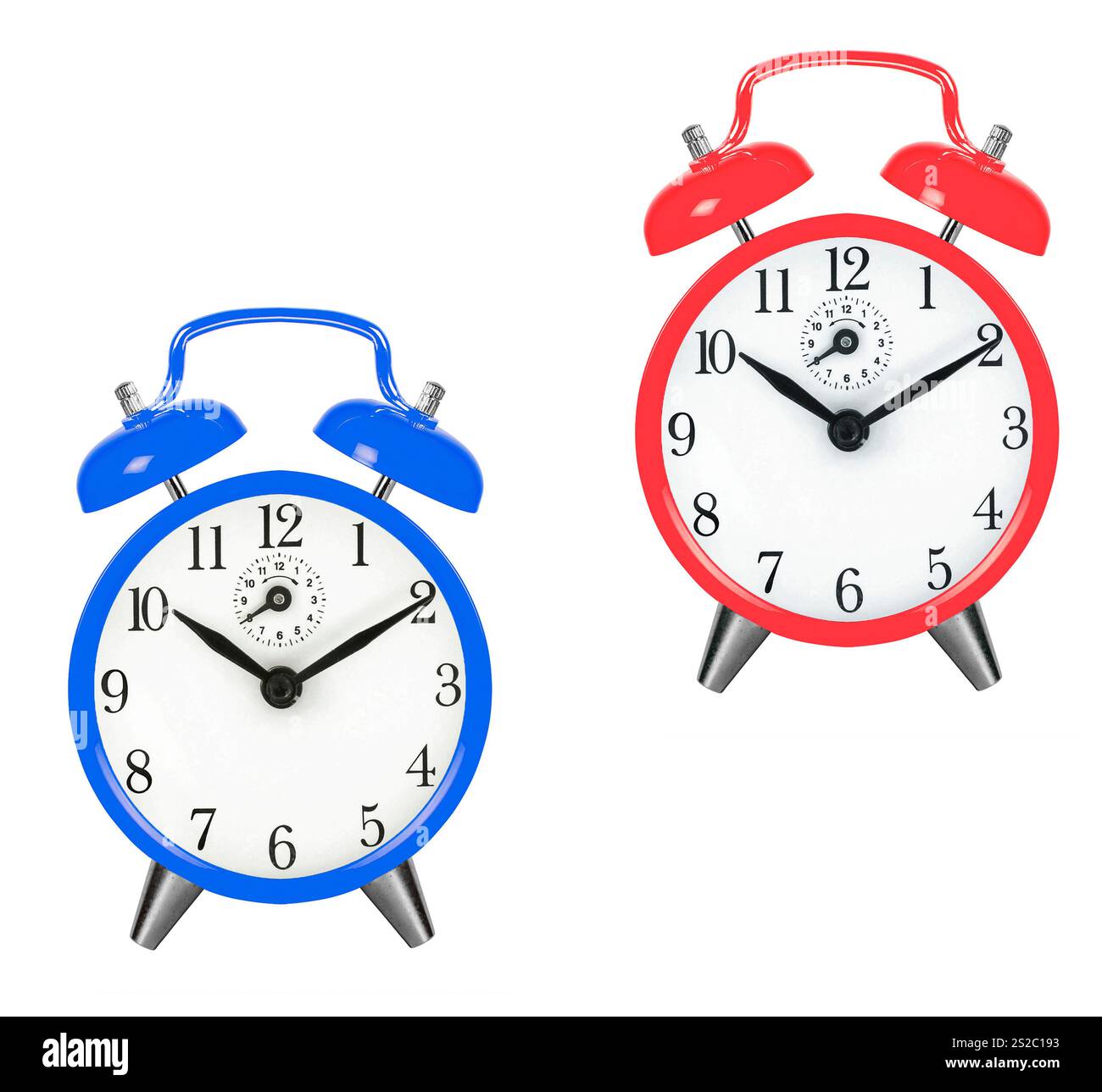 Old fashioned alarm clocks on white background Stock Photo - Alamy