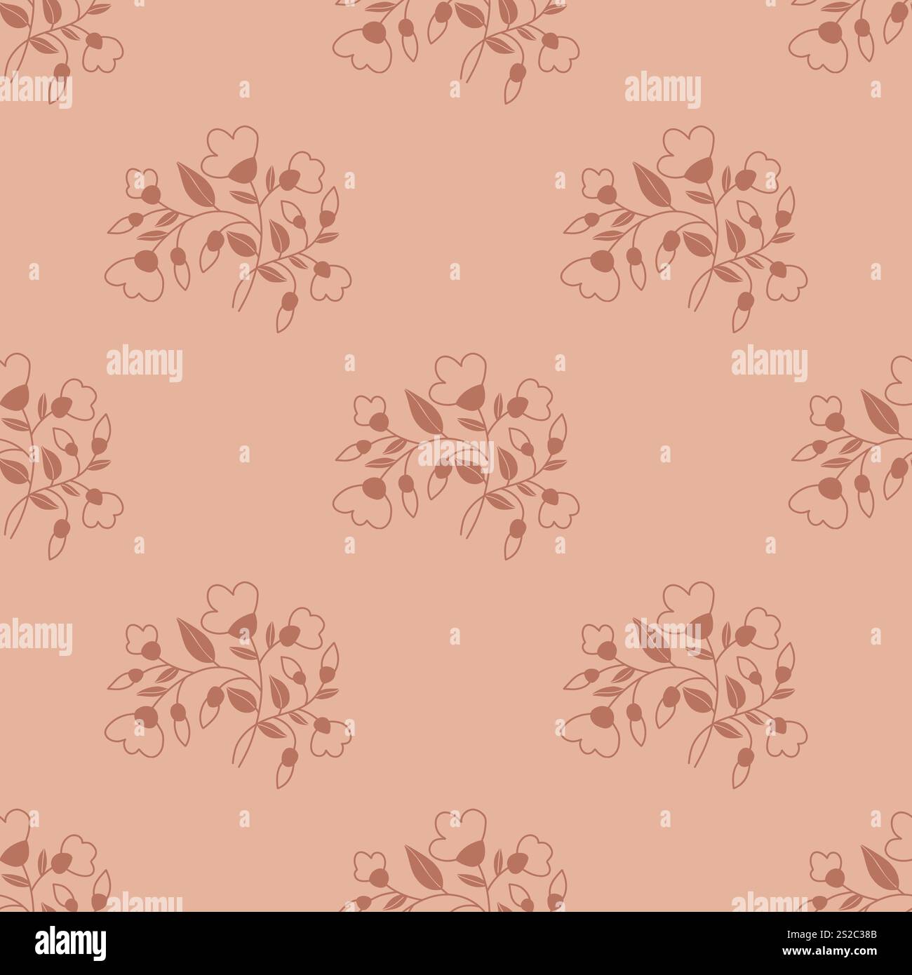 Seamless Floral Pattern. Hand drawn branch with flowers on brown Background. Elegant Minimal Design for Textiles and Decor in color year mocha mousse Stock Vector