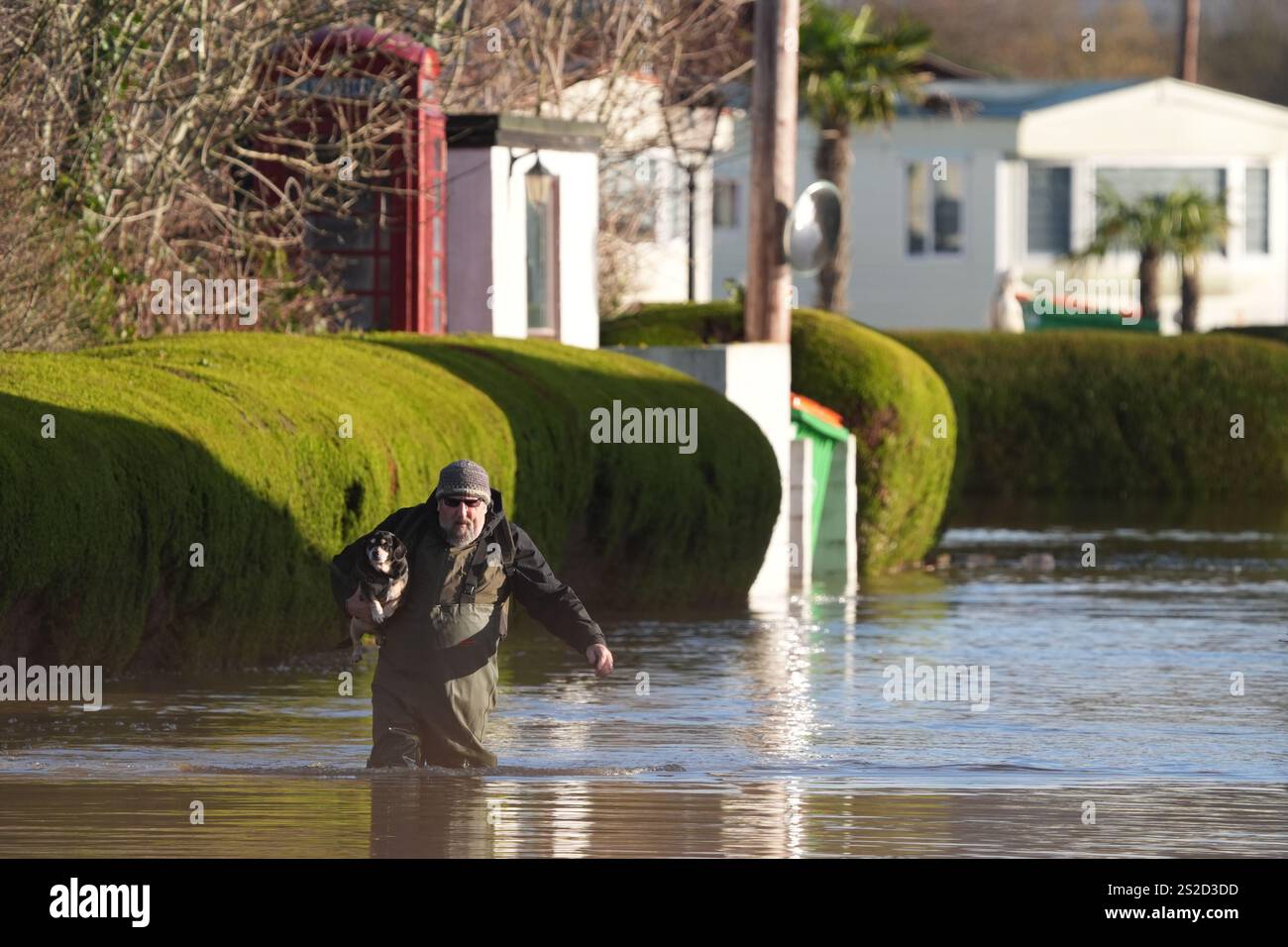 A man wearing waders carries a dog at The Little Venice caravan park in ...