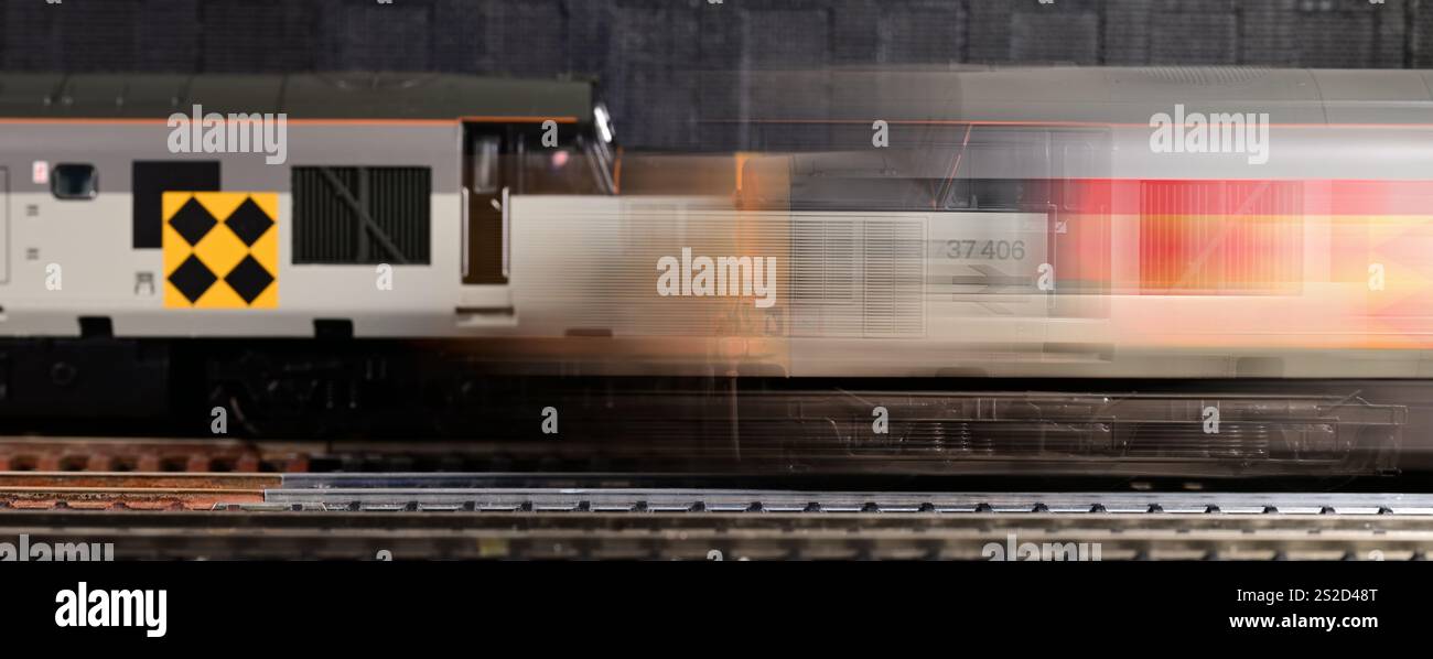 Class 37 diesel locomotive, (right) Distribution Sector livery and (left) Coal Sector livery, 00 gauge scale model Stock Photo