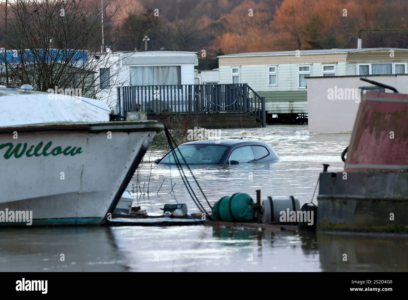 A car sits in the floods of the river Soar in Barrow Upon Soar, England