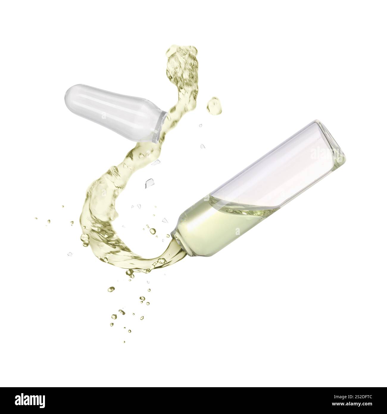 Open ampoule with splashing liquid in air on white background Stock Photo