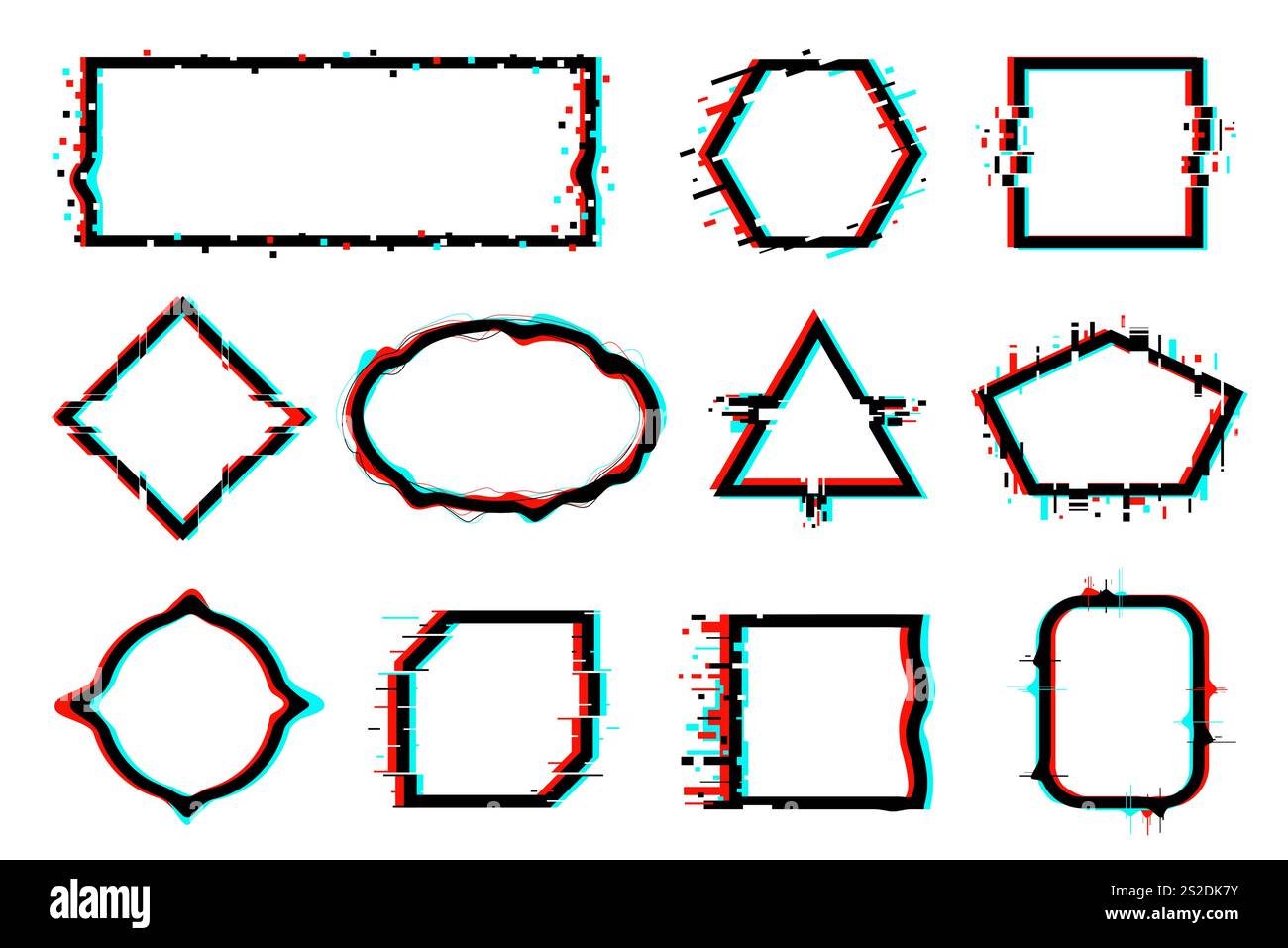 Glitch effect frames. Different shapes distorted borders. Trendy visual noises. Modern abstract forms. Geometric forms. Cyber dynamic distortion. Squa Stock Vector