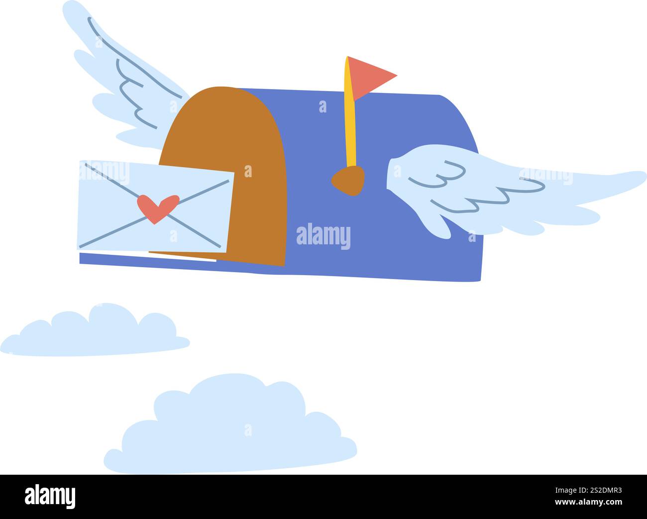 Flying mailbox with wings delivering love letter in the sky. Stock Vector