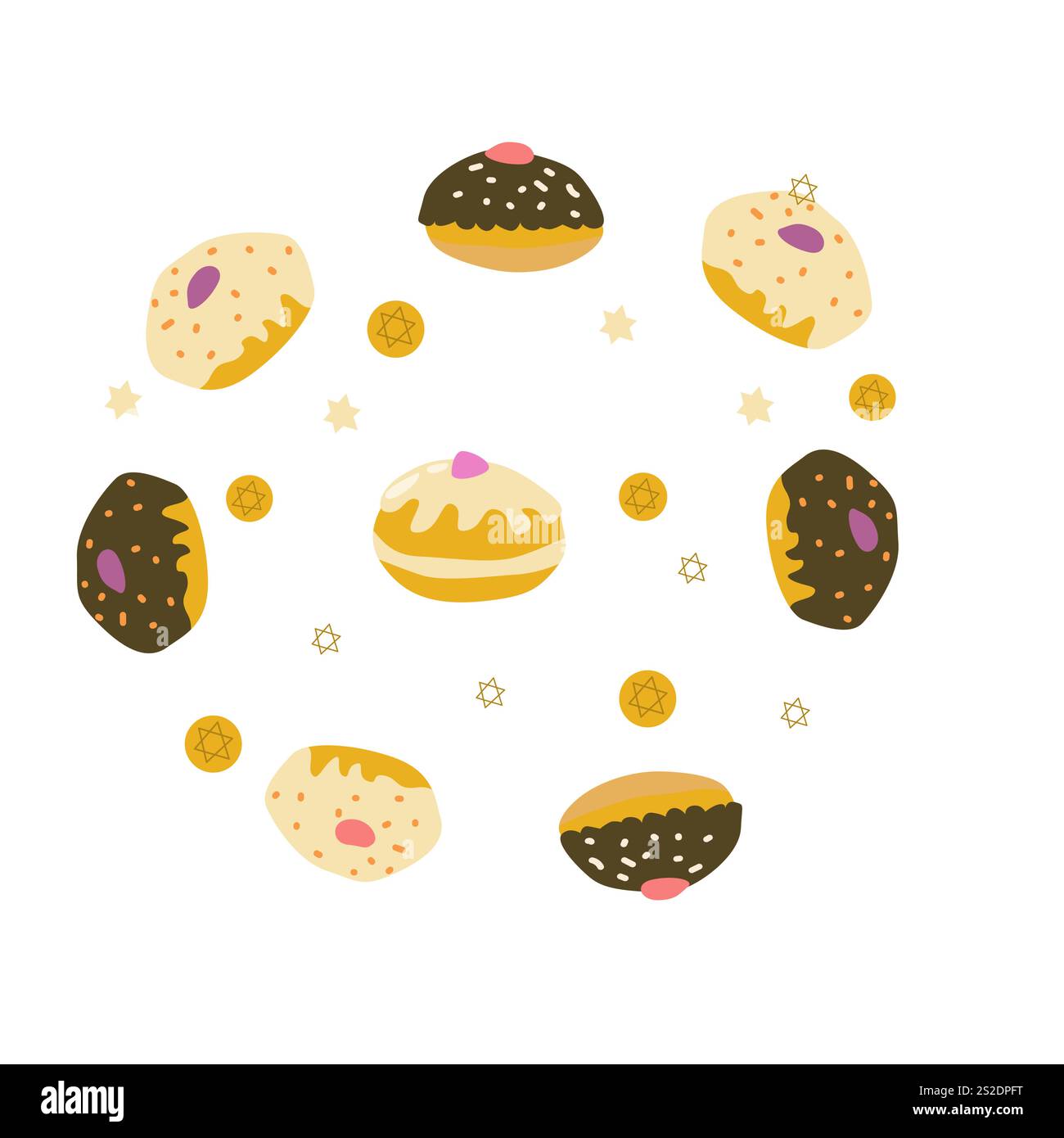 Colorful hand-drawn donuts and star patterns on white background. Stock Vector