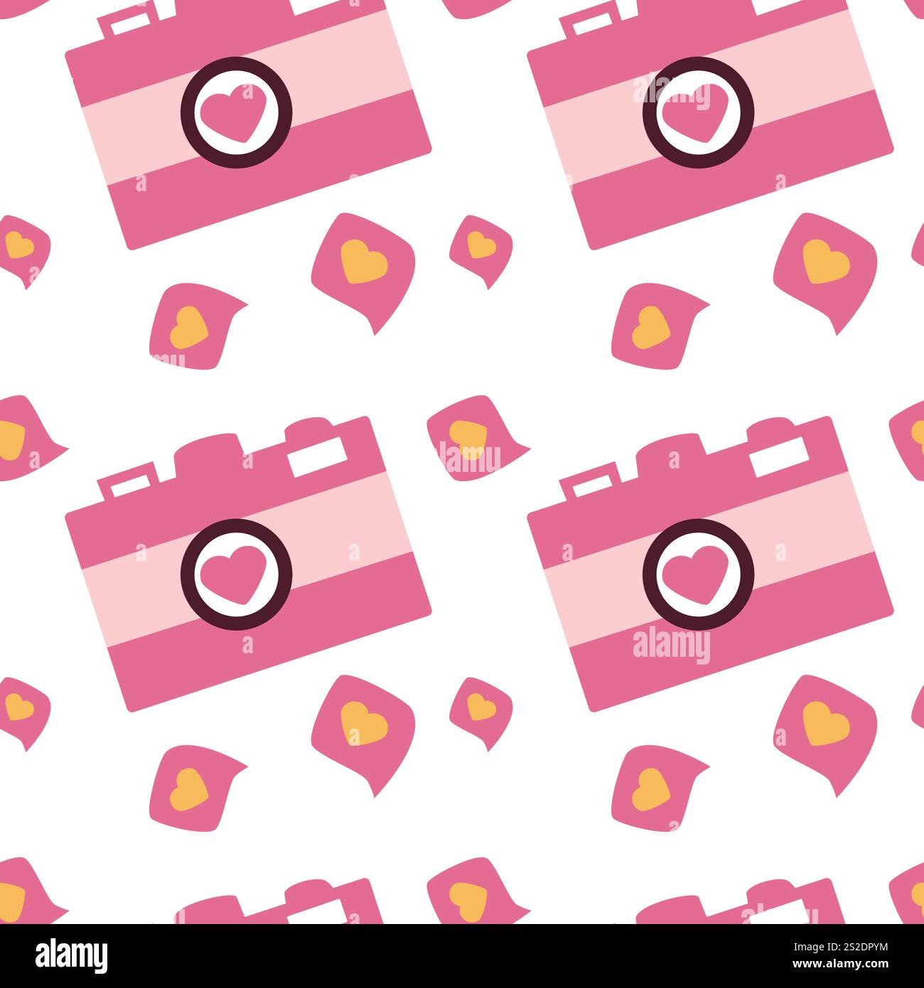 Pink camera and heart pattern with speech bubbles. Stock Vector
