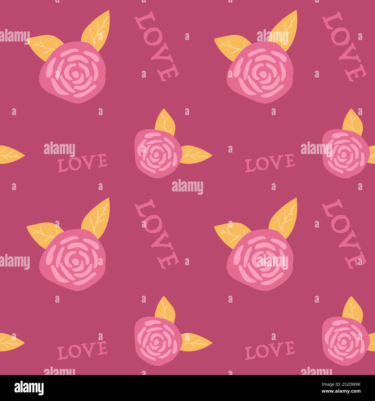 Floral pattern with pink roses and love text on burgundy background. Stock Vector