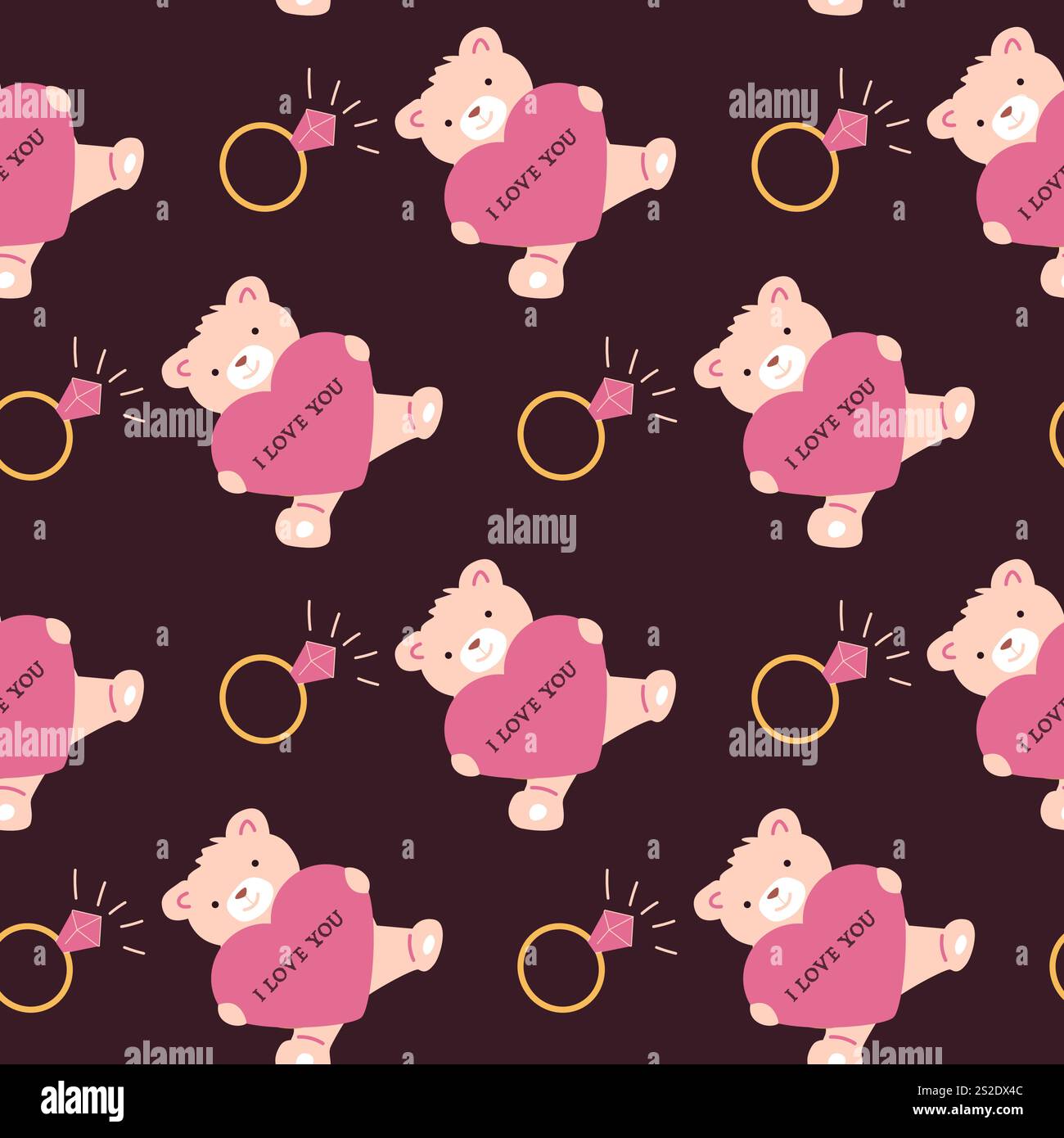 Cute valentine's day teddy bear and ring pattern on dark background. Stock Vector