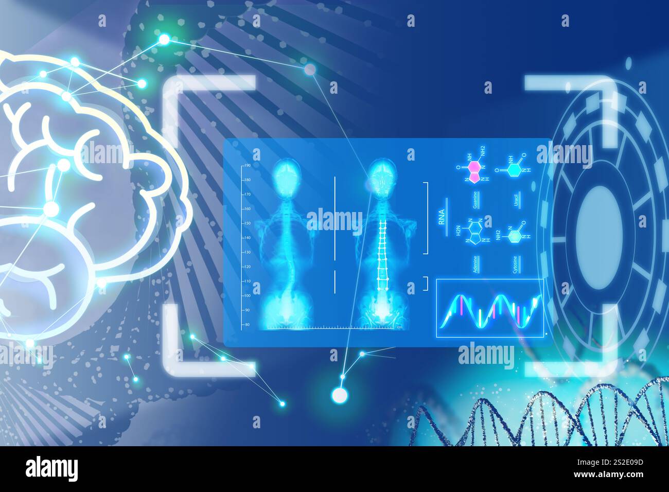 Medical technology. Human skeleton x-ray, molecules' structures, DNA and brain on blue gradient background, illustration Stock Photo