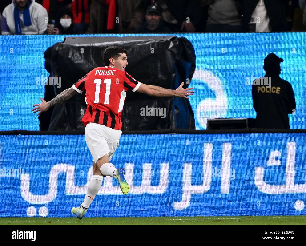 RIYADH, SAUDI ARABIA - JANUARY 6: Christian Pulisic of AC Milan celebrates after scoring his team's second goal ,during the Italian Super Cup Final match between FC Internazionale and AC Milan at Al-Awwal Park Stadium on January 6, 2025 in Riyadh, Saudi Arabia. (Photo by MB Media) Stock Photo