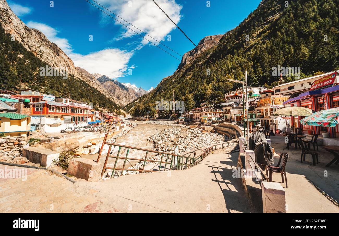The temple town of Gangotri in the Indian Himalayas near the source of ...