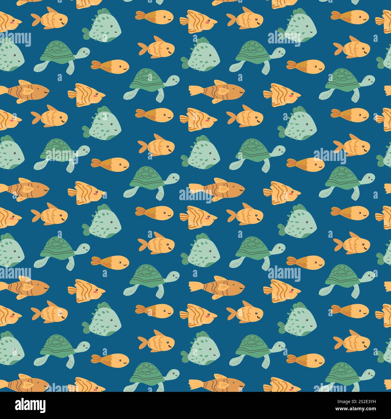 Colorful marine pattern with turtles, fish, and pufferfish on blue background. Stock Vector