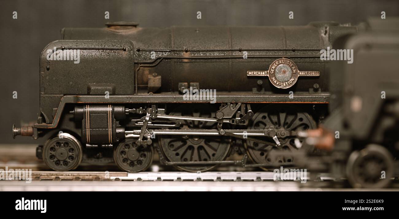 Detailed and weathered Hornby 00 gauge model of BR Merchant Navy Locomotive 35011, originally designed for the Southern Region. Sepia image Stock Photo