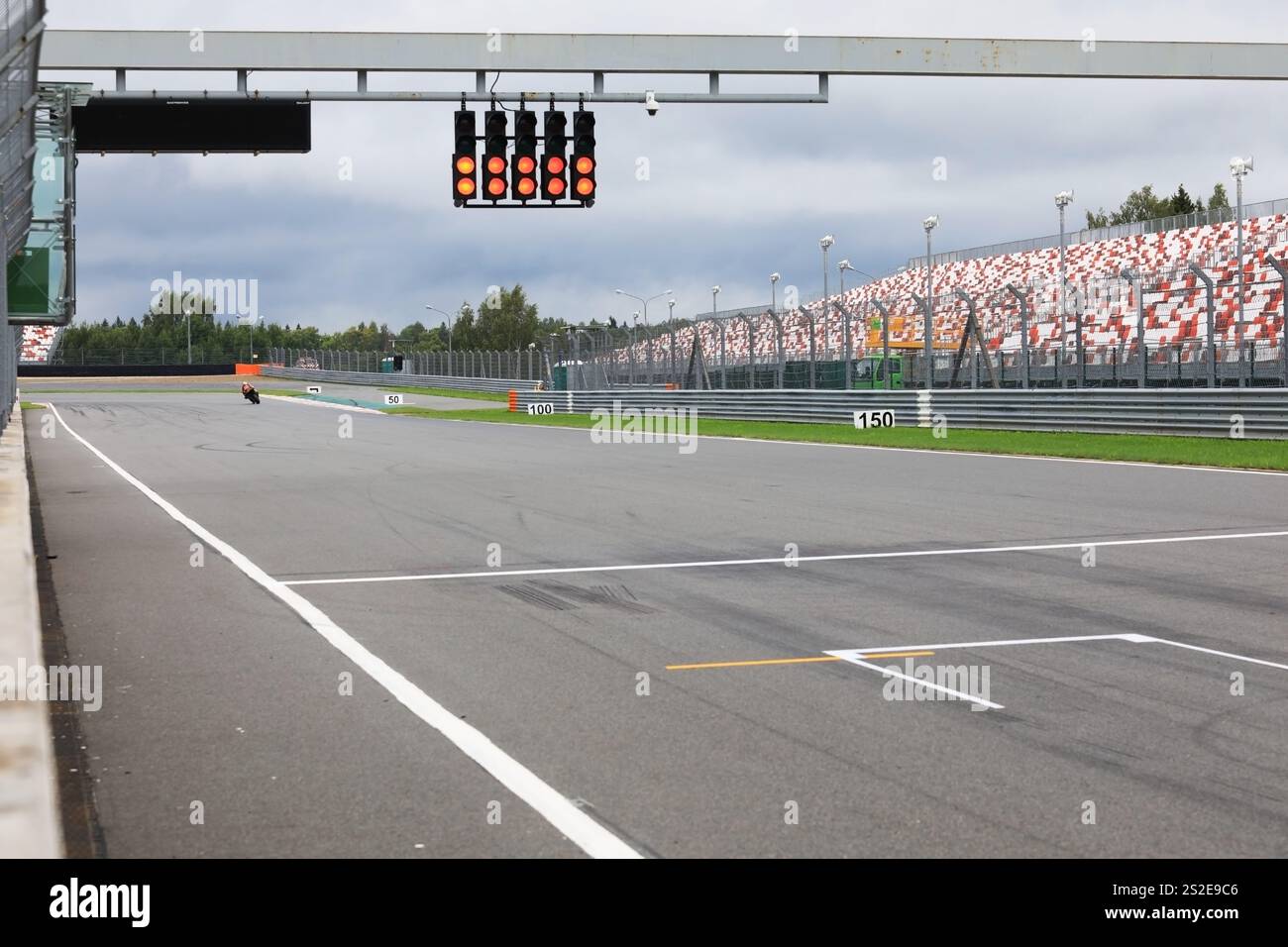 Russian Racing Sign MOSCOW, RUSSIA - JULY 21, 2019: Finishing line with the red lights on ...