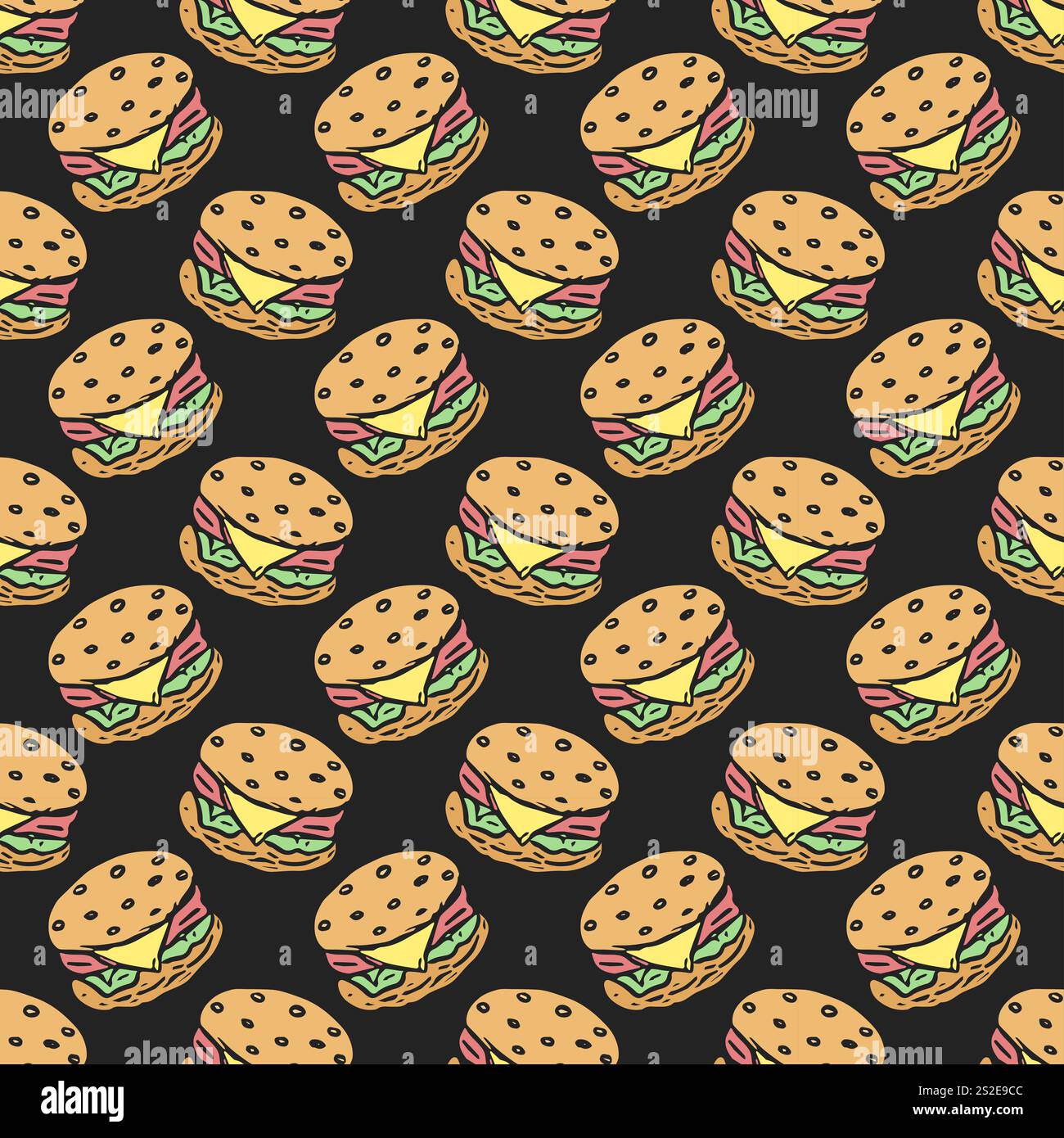 Seamless burger pattern. Drawn hamburger background. Doodle hand drawn ...