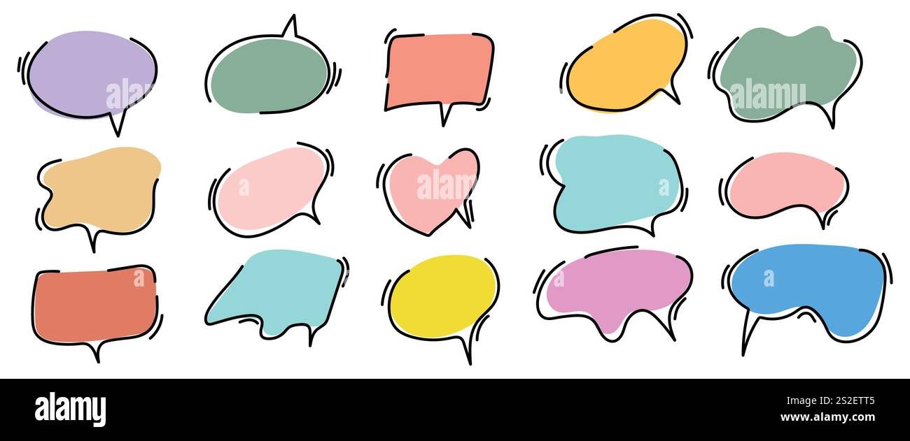 Set of colorful hand drawn speech bubbles. Isolated on white background ...