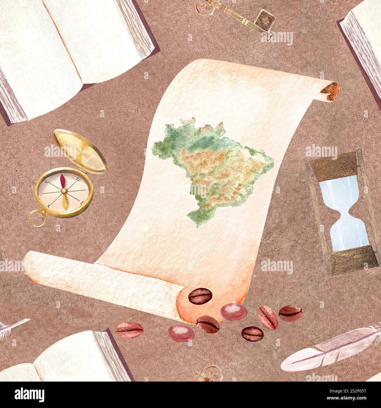 Black coffee beans, a map, compass of Brazil seamless pattern in watercolor on mocha background. Hand drawn art great for packages, cards, containers Stock Photo