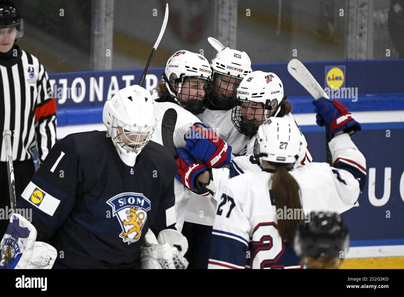 Evelyn Doyle of USA (C) celebrates her 10 goal with team mates during