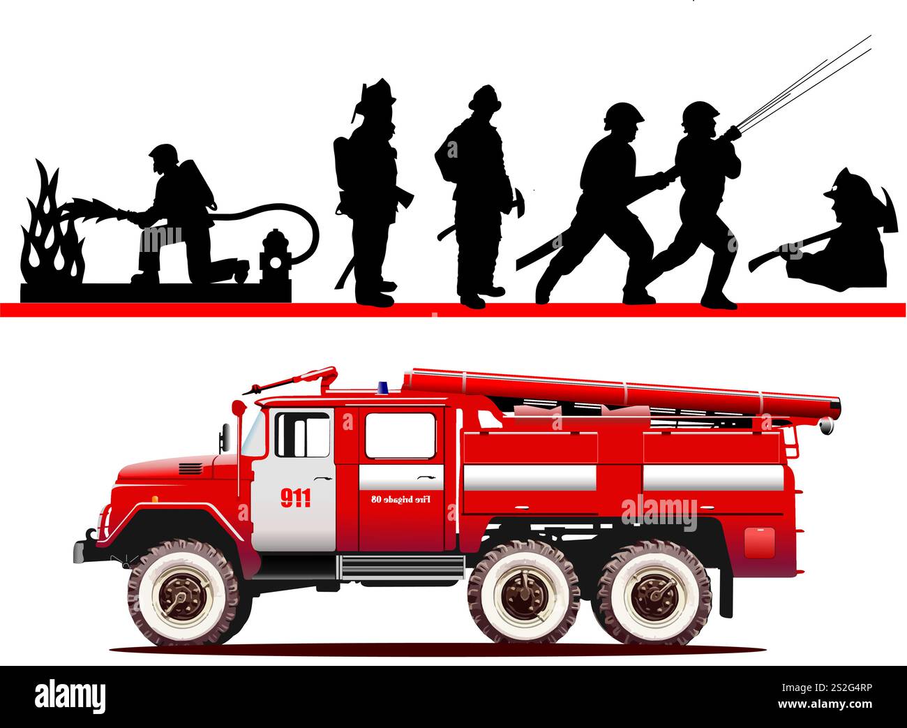 Real Fireman Engine Big set of Fire engines and firefighter. Vector 3d illustration Stock ...