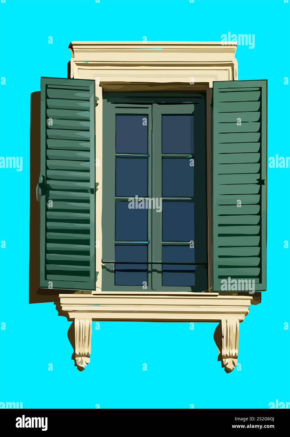 Colourful window with flowers and shutters. Venetian shutters. 3d vector illustration Stock Vector