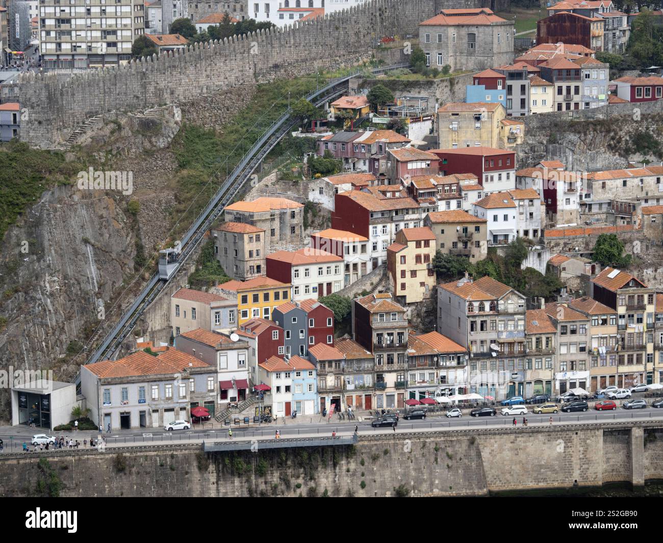 Funicular railway and buildings beside the Douro River in Oporto ...