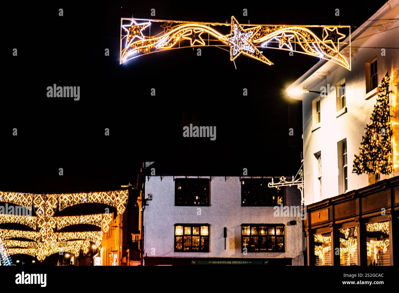 The Christmas and winter lights in historic Stratford-upon-Avon in Warwickshire Stock Photo