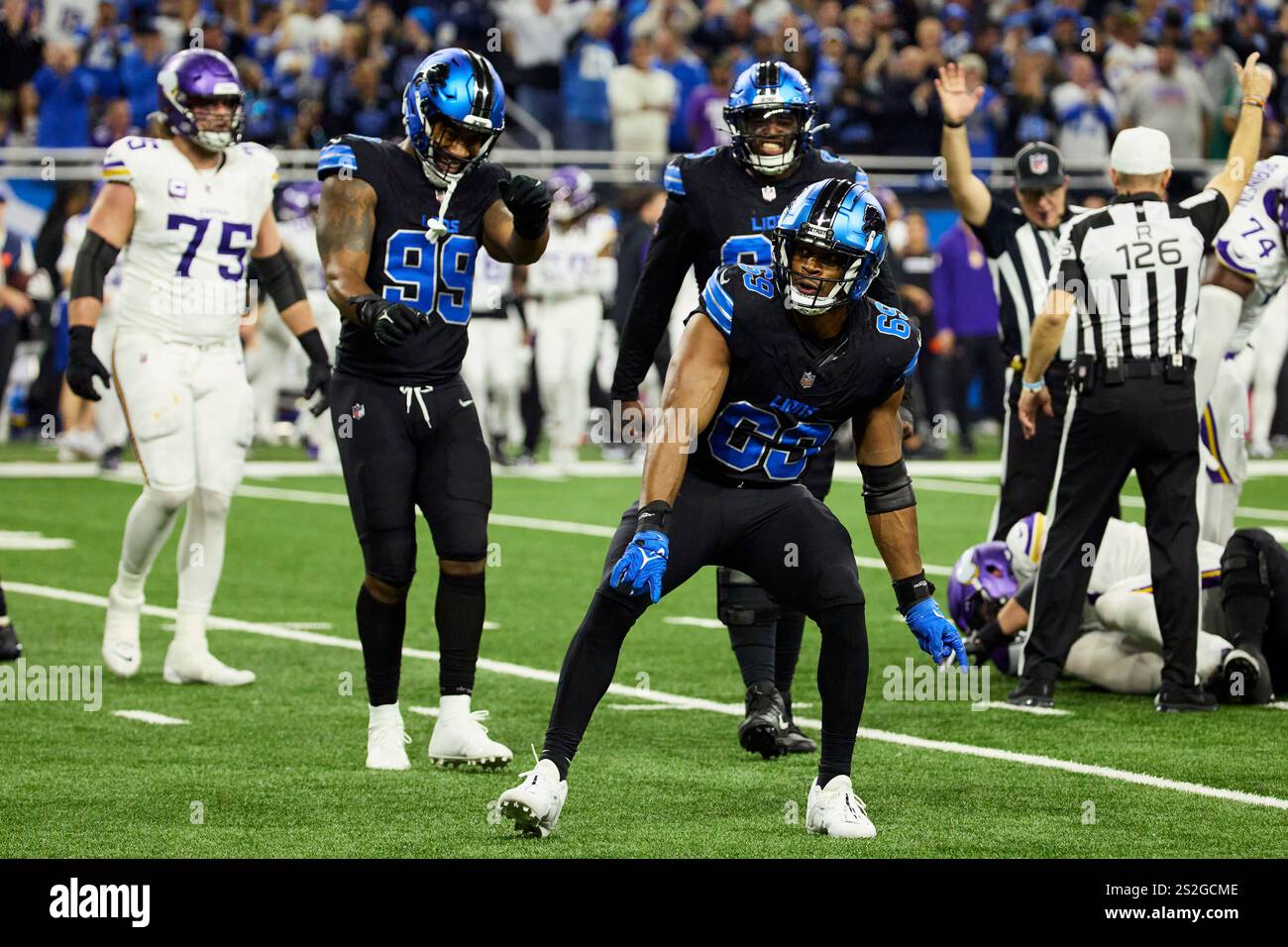 Detroit Lions linebacker AlQuadin Muhammad (69) celebrates against the
