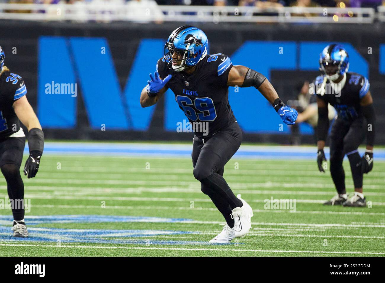 Detroit Lions linebacker AlQuadin Muhammad (69) pursues a play on