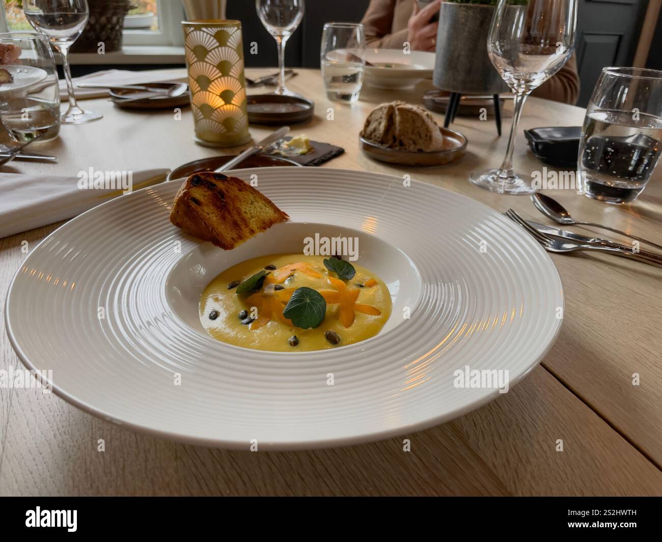 Exquisite gourmet dishes elegantly presented in a fine dining restaurant. Luxurious ingredients and artistic plating showcase culinary mastery. Stock Photo