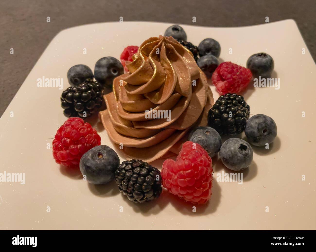 Exquisite gourmet dishes elegantly presented in a fine dining restaurant. Luxurious ingredients and artistic plating showcase culinary mastery. Stock Photo