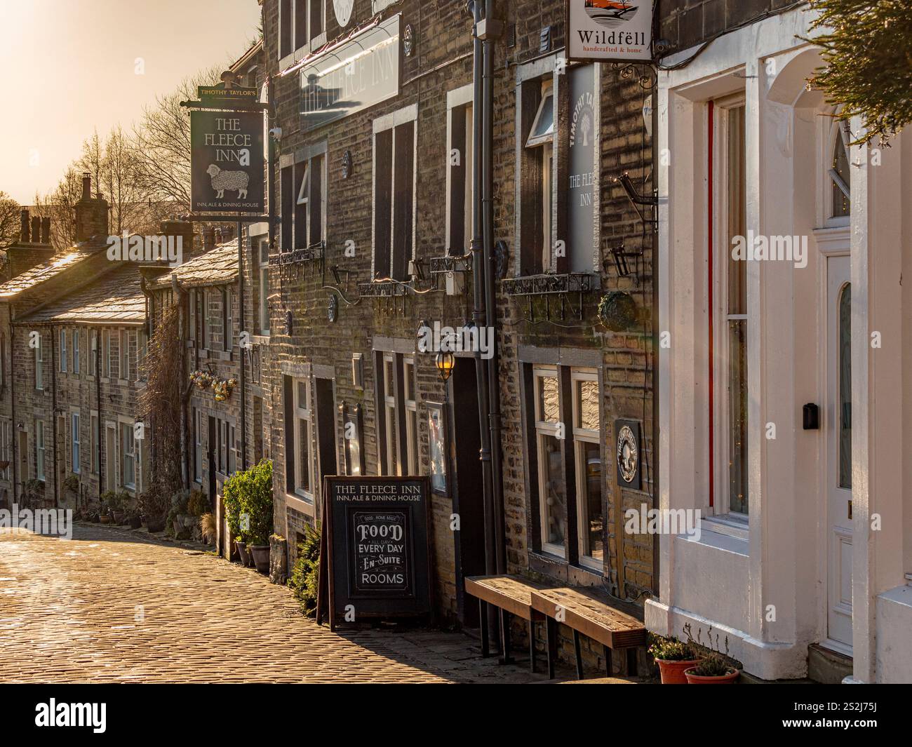 Fleece Inn Pub on Main Street, Haworth. West Yorkshire, UK Stock Photo