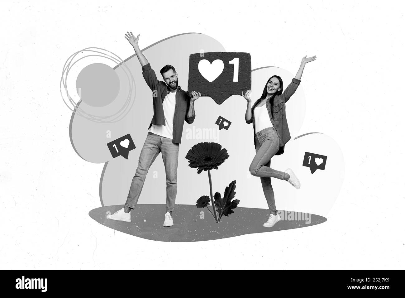 Creative collage image of two excited funny partners hands hold huge like notification growing flower drawing sun Stock Photo