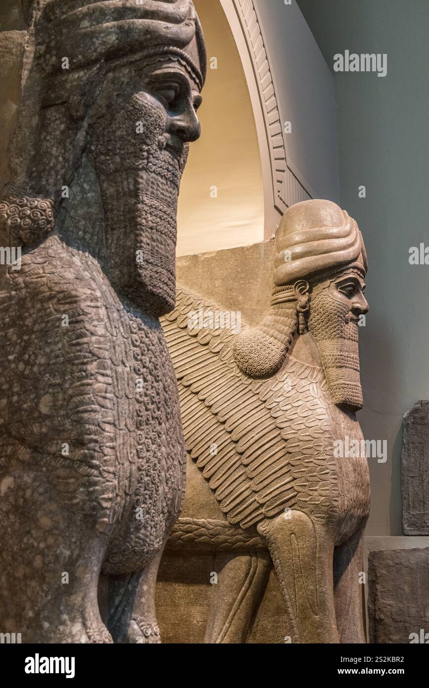 Carving of winged human-headed bull from Nimrud in the British Museum, Bloomsbury, London, Greater London Stock Photo