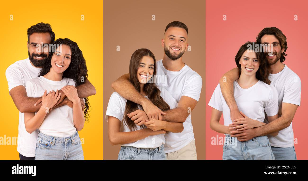 Happy diverse couples celebrating love in vibrant Valentine's settings ...