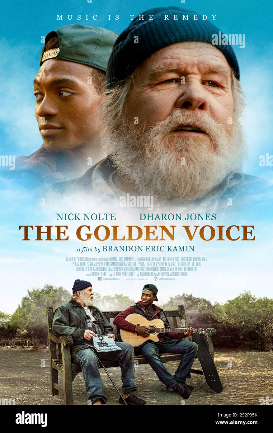 The Golden Voice (2025) directed by Brandon Eric Kamin and starring Nick Nolte, Dharon Jones, and Sydney Mae Diaz. A young street singer and a homeless veteran find healing through an unlikely friendship and the power of music. US one sheet poster EDITORIAL USE ONLY. Credit: BFA / Vertical Stock Photo