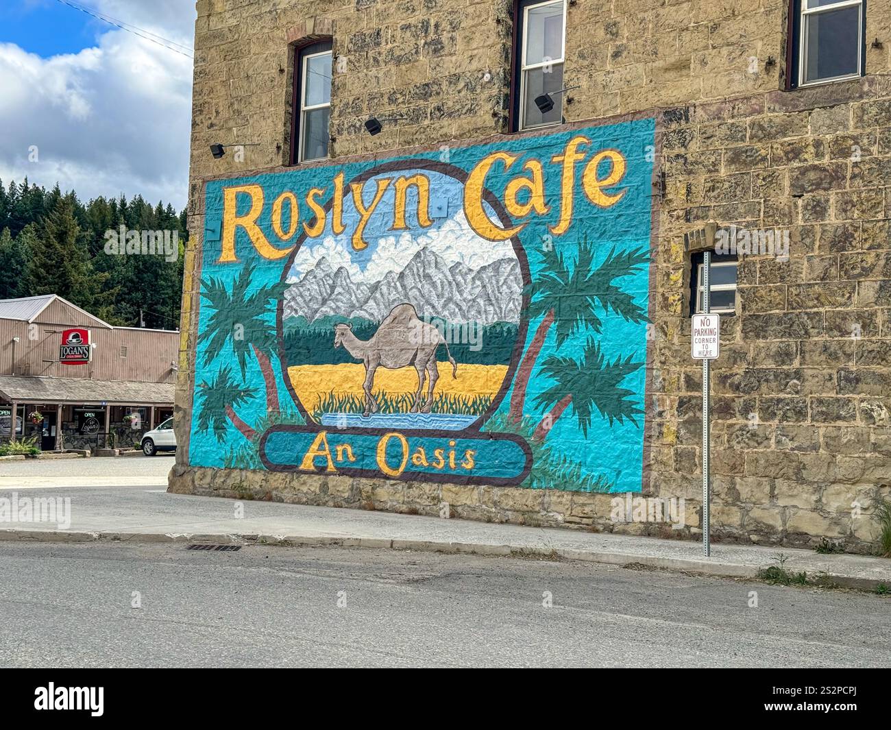 Roslyn Cafe mural in Roslyn, Washington, a small town famously known for doubling as the fictional town of Cicely, Alaska. - Smartphone Captured Stock Image