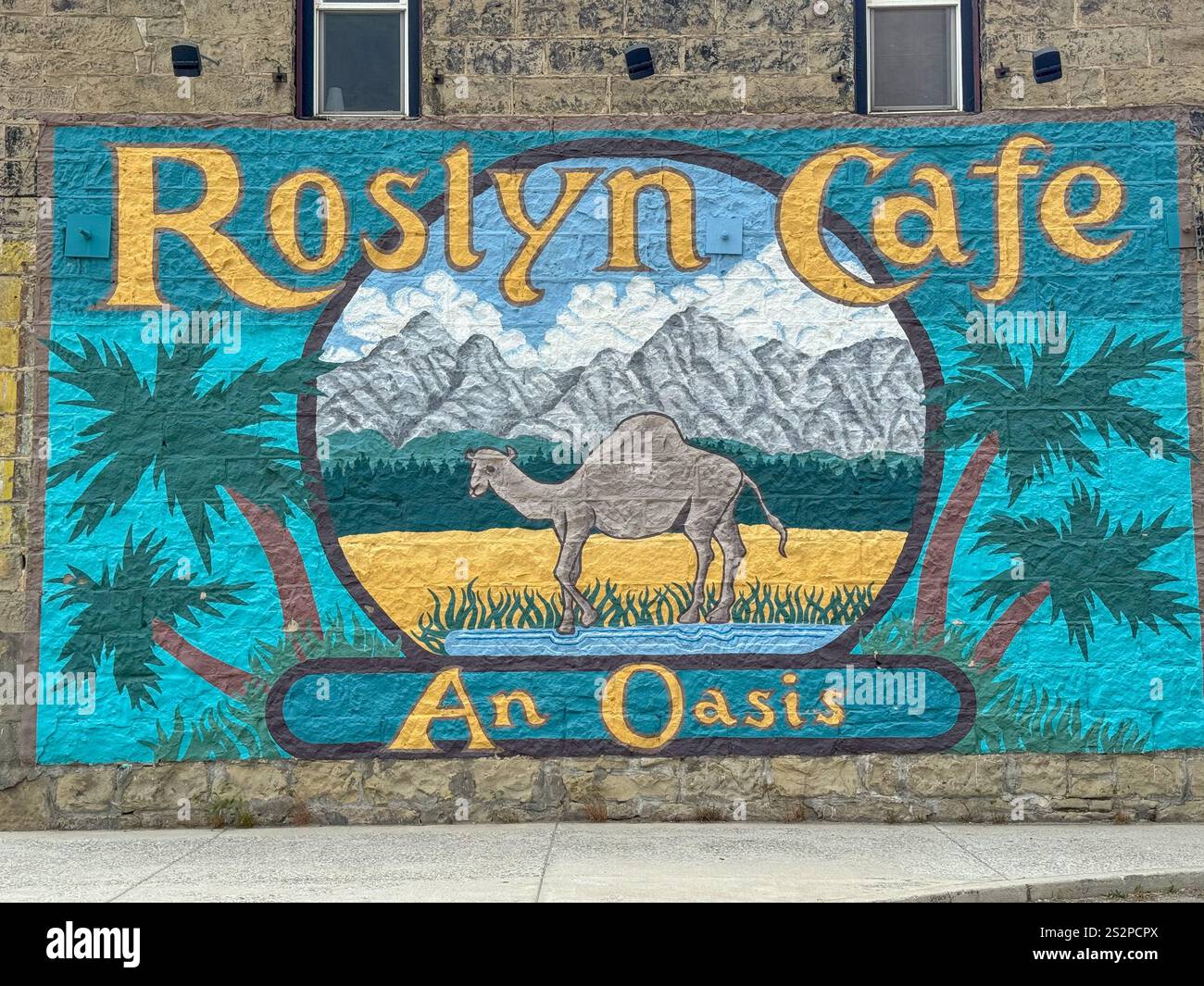 Roslyn Cafe mural in Roslyn, Washington, a small town famously known for doubling as the fictional town of Cicely, Alaska. - Smartphone Captured Stock Image