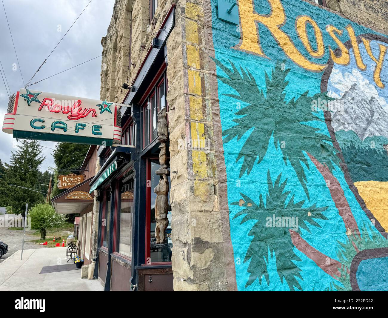 Roslyn Cafe mural in Roslyn, Washington, a small town famously known for doubling as the fictional town of Cicely, Alaska. - Smartphone Captured Stock Image