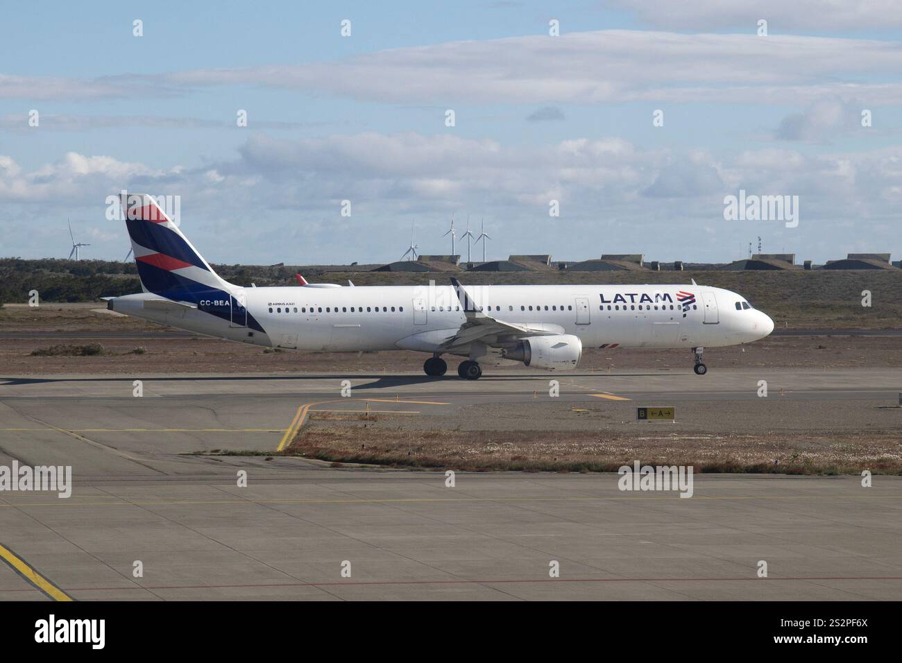 An Airbus A321, serial number CC-BEA, belonging to LATAM airlines at Punta Arenas Airport in Chile. Stock Photo
