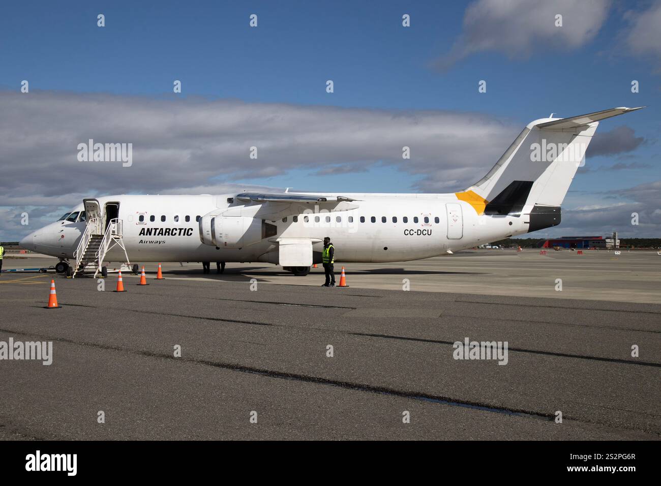 An Avro RJ100 airliner, serial number CC-DCU, operated by Antarctic Airlines, at Punta Arenas Airport, Chile. Stock Photo