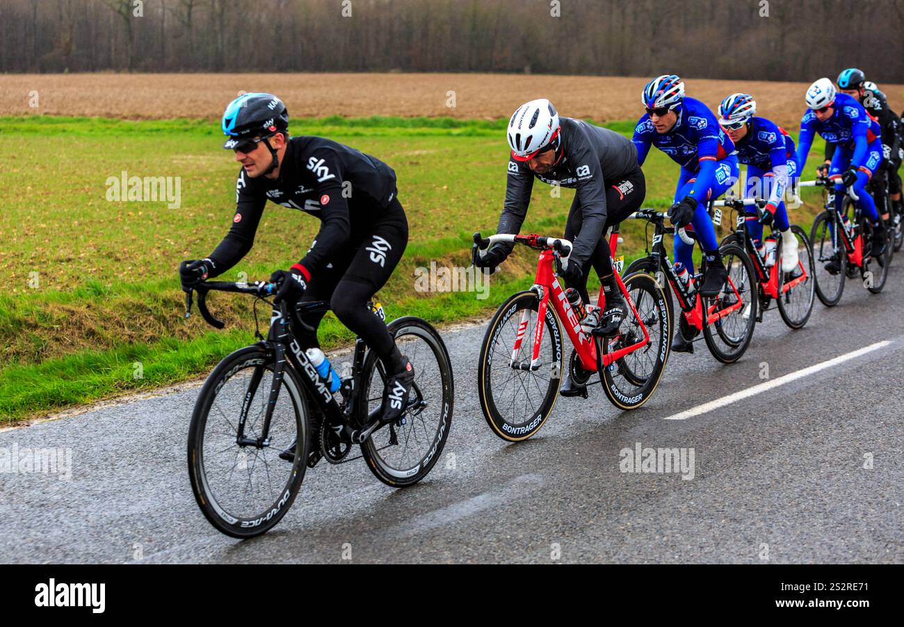 Chateau-Renard,France - March 06,2017: The peloton riding during the ...