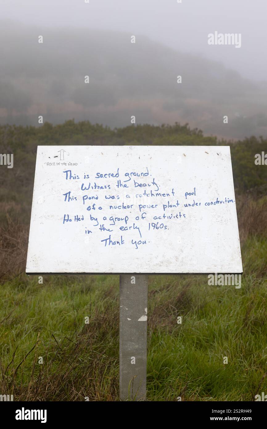 A handmade sign at Hole in the Head site at Bodega Head, California. Stock Photo