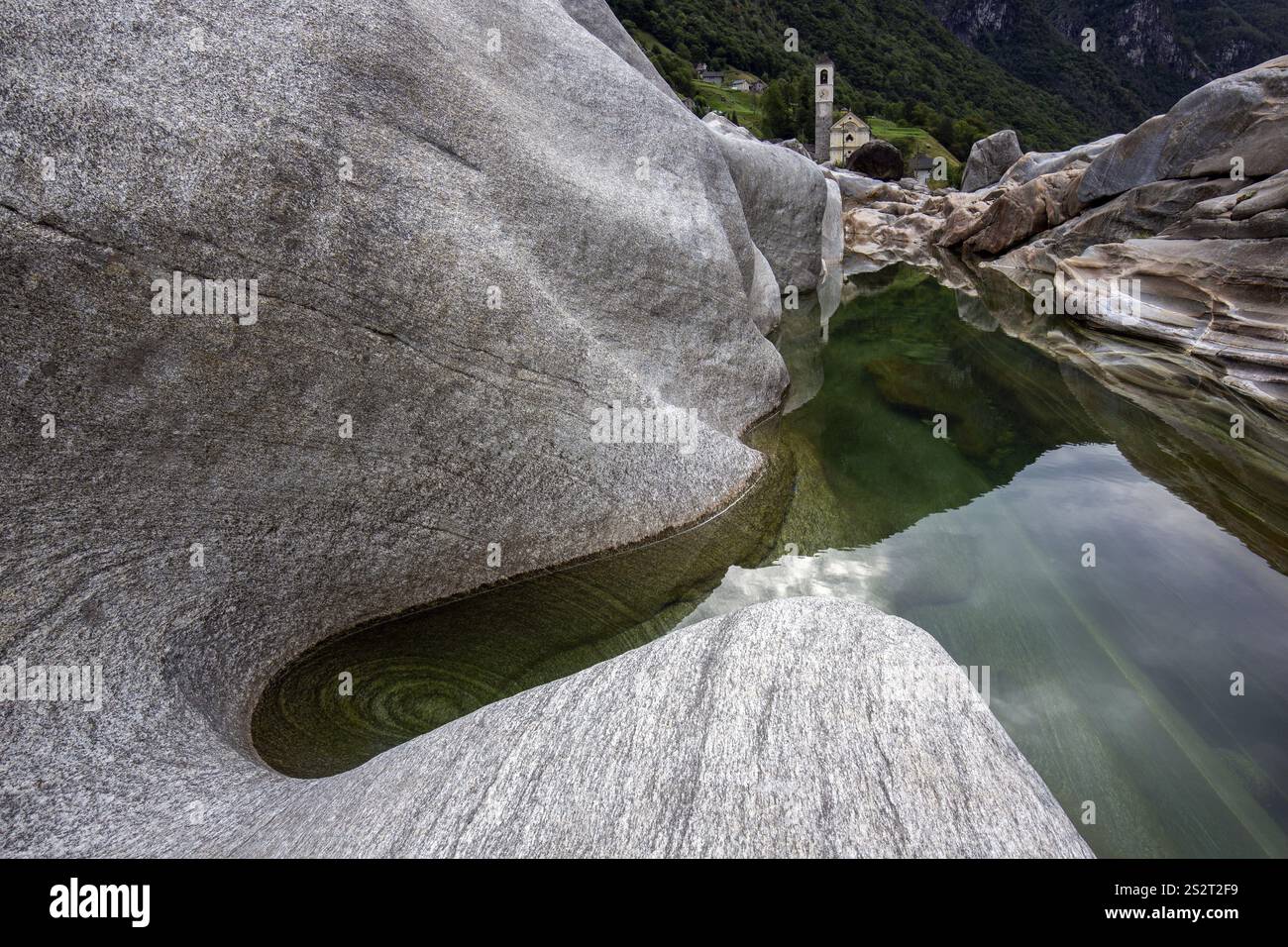 Versasca Rocks in the Verzasca River, behind Lavertezzo, Verzasca Valley, Valle ...