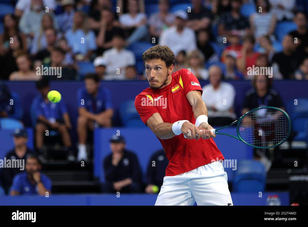 Pablo Carreno Busta of Spain in action against Stefanos Tsitsipas of