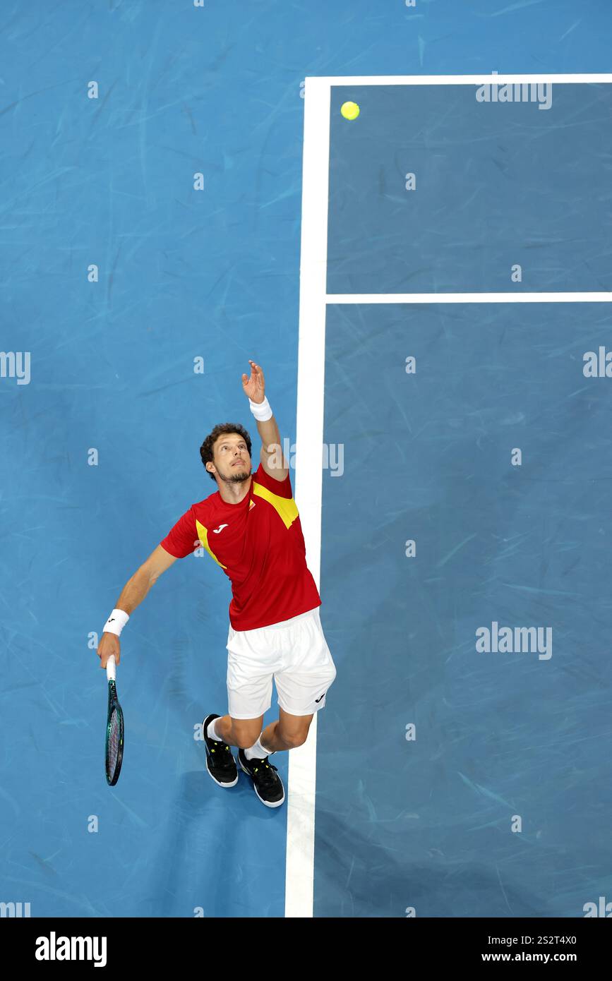 Pablo Carreno Busta of Spain in action against Stefanos Tsitsipas of