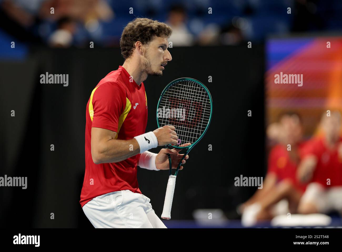 Pablo Carreno Busta of Spain celebrates a point against Stefanos