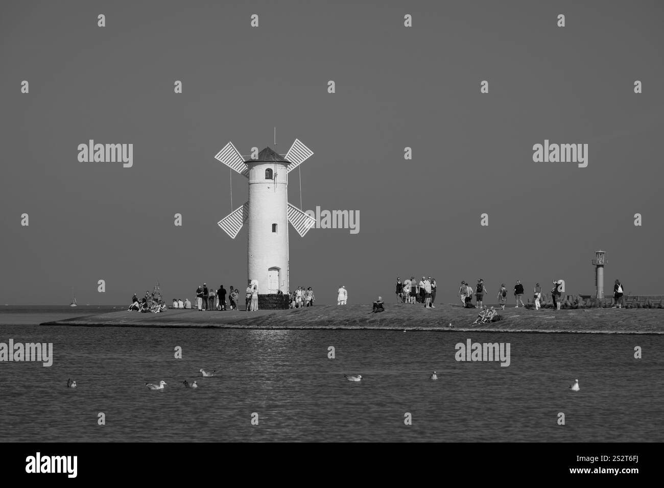 Mill beacon on the pier, Swinemuende, Usedom Island, Baltic Sea, Poland, Europe Stock Photo