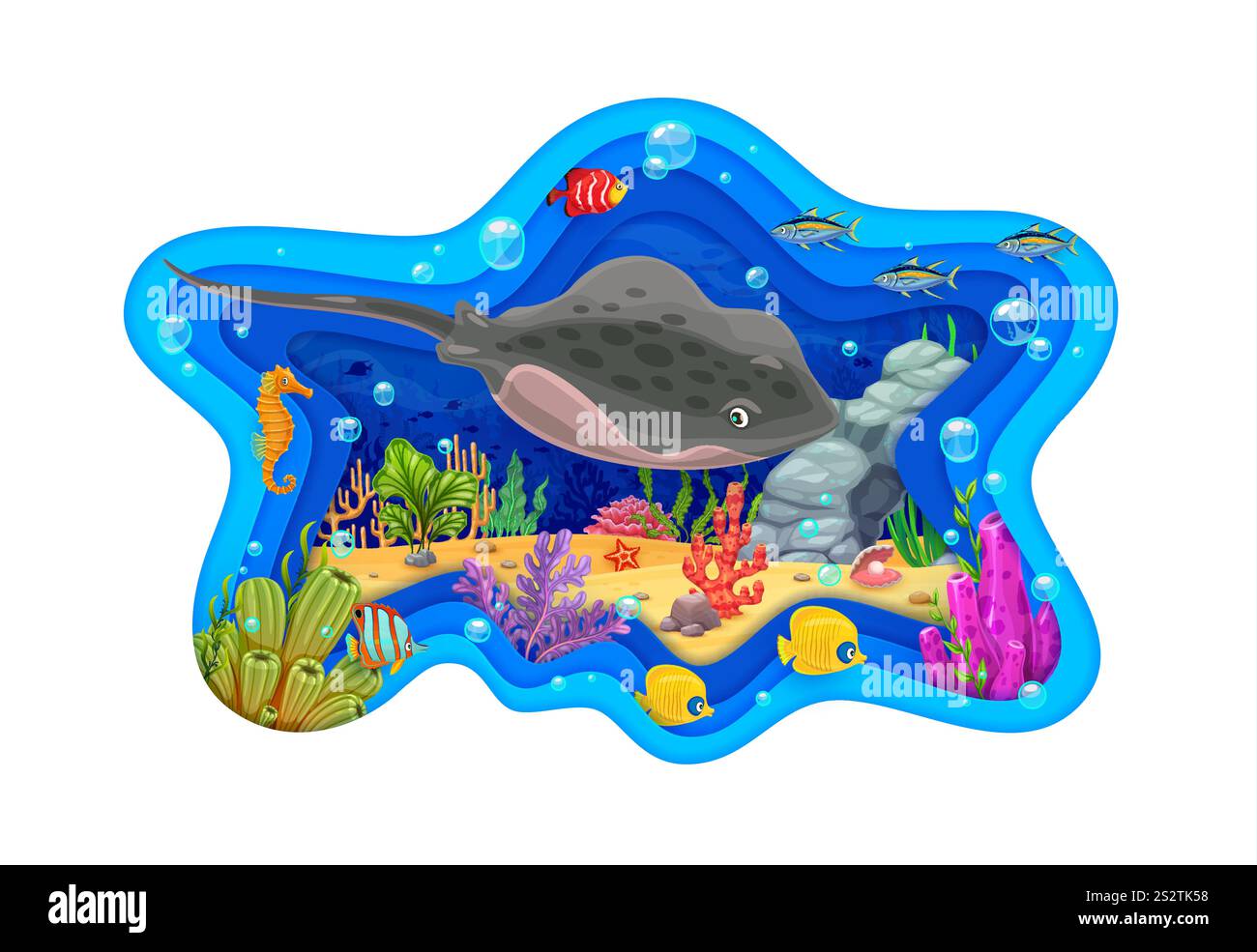 Paper cut underwater landscape with stingray and tropical fish cartoon ...