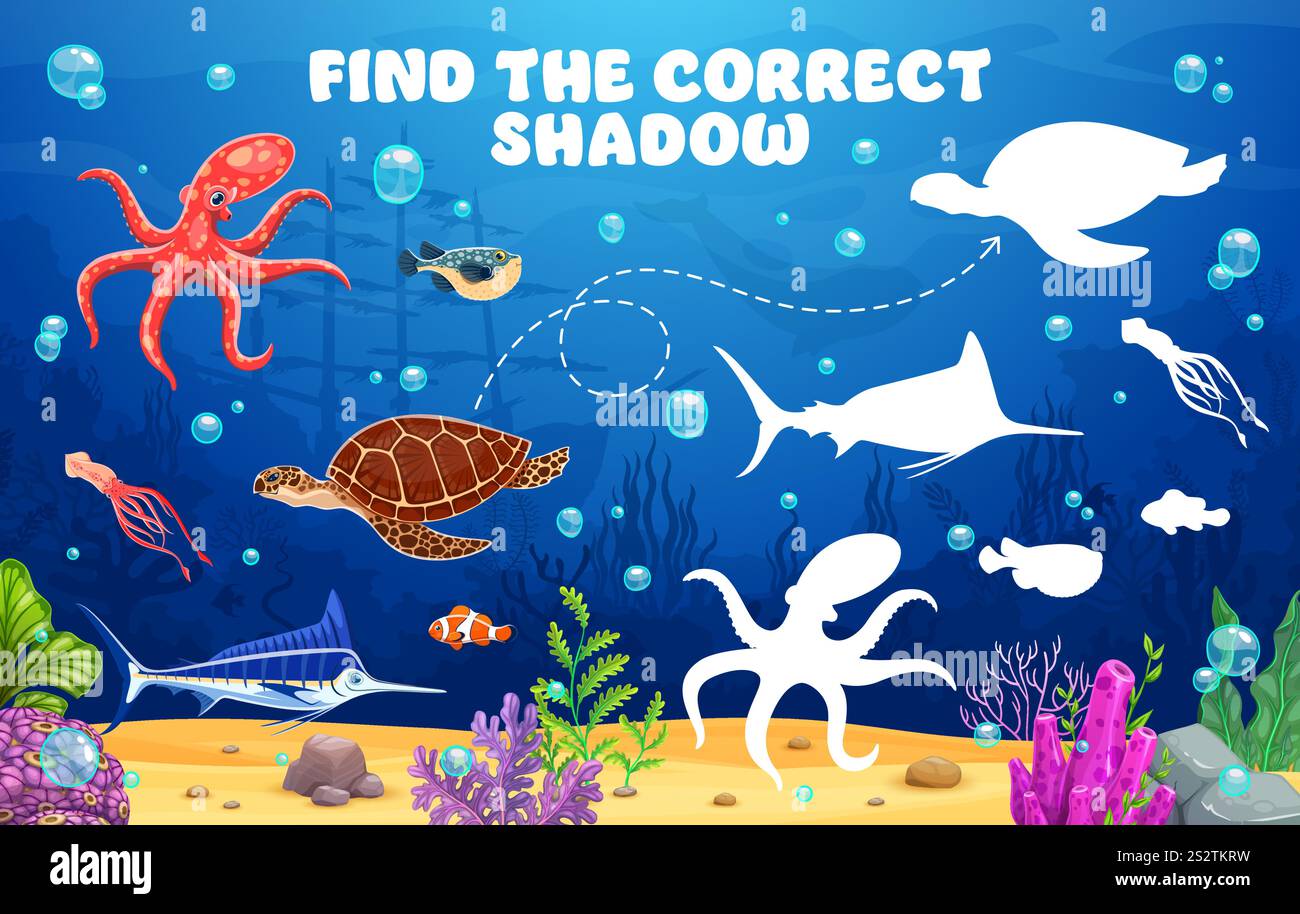 Find a correct shadow of funny sea animals. Vector underwater puzzle ...